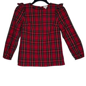 J.Crew Womens Tartan Plaid Top Size XXS Ruffle Shoulders Long Sleeves FLAWED
